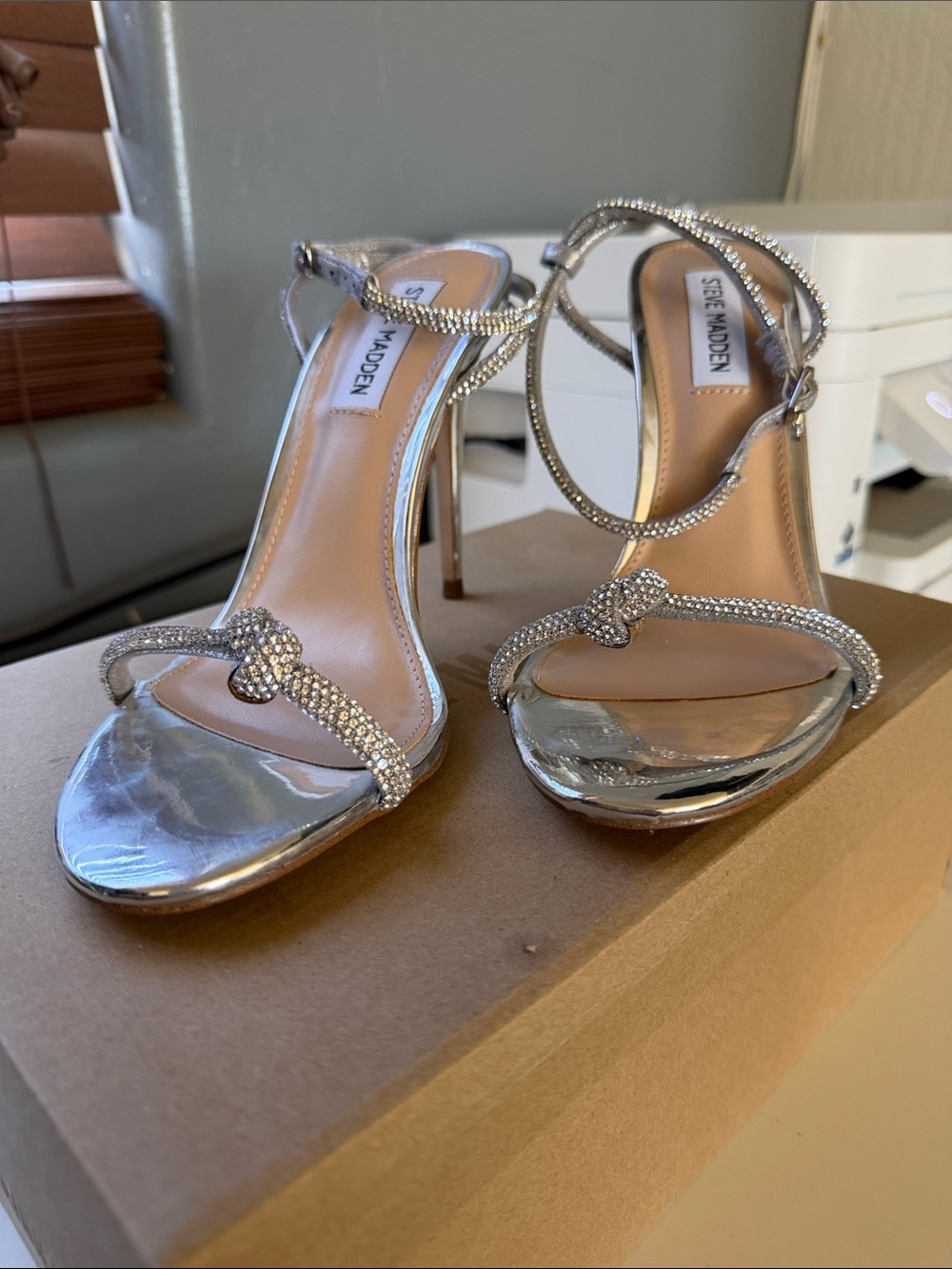 Steve Madden Silver Crystal Knot Stiletto Sandals
